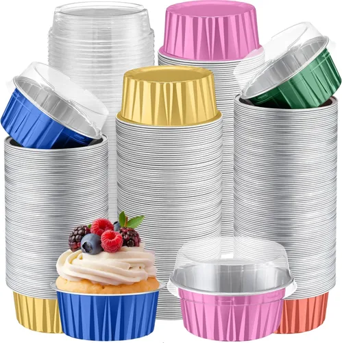 Miniatura 11 de Gejoy 400 Piezas Moldes de Papel de Aluminio para Hornear con Tapas 5 oz Moldes Desechables Ramekins Mini Moldes para Pasteles Crème Brûlée Moldes