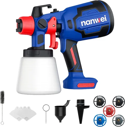 Miniatura 10 de NANWEI Pulverizador de pintura inalámbrico con 2 baterías, pistola de pulverización HVLP con recipiente de 40.6 fl oz, con 4 boquillas y 3 patrones