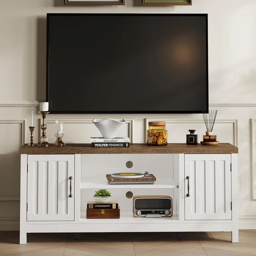 Miniatura 2 de ChooChoo Soporte de TV estilo granja, centro de entretenimiento de madera con puerta acanalada con gabinetes de almacenamiento y estantes abiertos