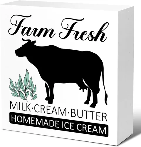 LVQHI Letrero de madera artesanal con diseño de granja de crema de leche fresca y mantequilla, heladería casera, letrero de granja lechera,