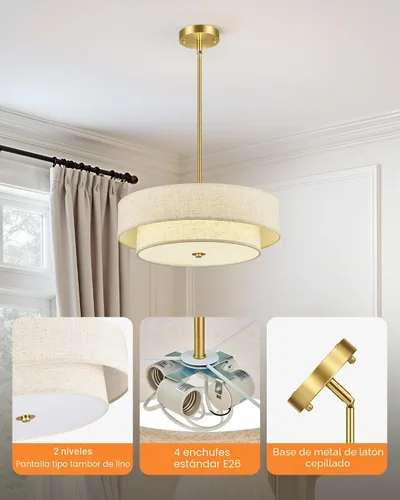 Miniatura 5 de VONLUCE Candelabros modernos, candelabros de tambor de 18 pulgadas con pantalla de tela de 2 capas, lámpara colgante de 4 luces con base E26