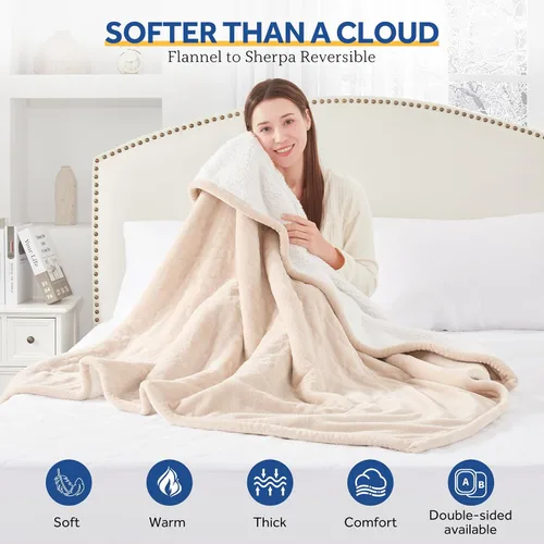 Miniatura 4 de Sealy Manta Térmica Tipo Throw con Controlador de Botón Integrado, Manta Eléctrica Reversible de Franela a Sherpa con 2-10 Horas de Apagado
