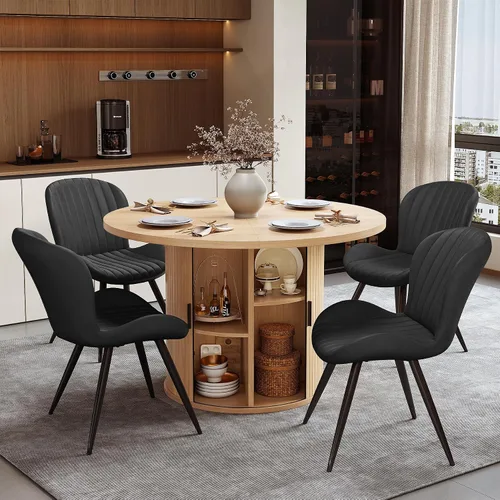Miniatura 17 de Miereirl Juego de mesa y sillas de comedor moderno redondo, con una mesa de comedor de madera equipada con compartimentos de almacenamiento