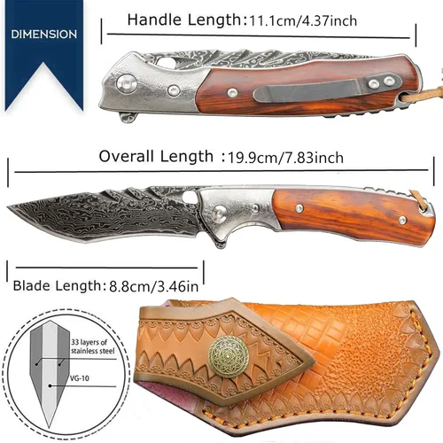 Miniatura 2 de Sitivien ST238 VG10 Cuchillo plegable de acero Damasco, mango Dalbergia con hoja de damasco EDC cuchillos de herramienta para exteriores, camping