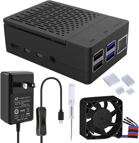 GeeekPi Funda para Raspberry Pi 4 con fuente de alimentación de 18 W, 5 V, 3.6 A, funda Pi 4B con ventilador PWM de 1.575 x 1.575 x 0.394 in y 4