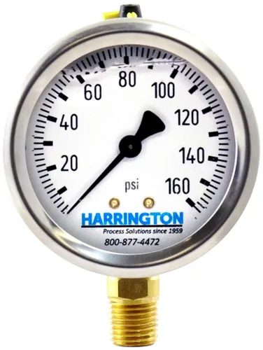 Harrington 52894976 Medidor de presión relleno de líquido de 2-1/2 pulgadas, 0/160 psi, acero inoxidable 304 con tapón de llenado ventilado, montaje