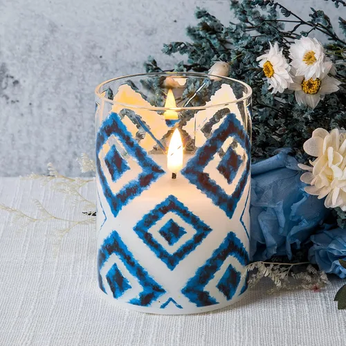Miniatura 5 de Eywamage Velas geométricas azules sin llama en frascos de vidrio, velas LED parpadeantes con batería parpadeante con control remoto, juego de 3