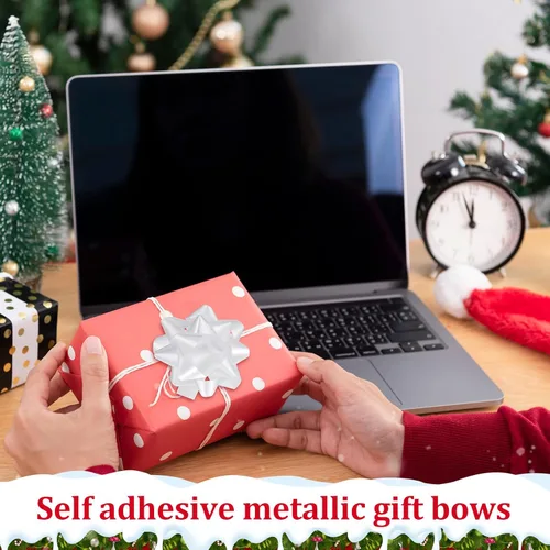 Miniatura 5 de Paquete de 24 Lazos de Navidad para Envolver Regalos, Lazos de Regalo de Cinta, Lazos de Cinta de Estrella de Navidad Autoadhesivos Surtidos