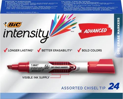 Marcadores de borrado en seco BIC Intensity Advanced coloridos, punta biselada, paquete de 24 unidades de colores variados, marcadores para pizarra