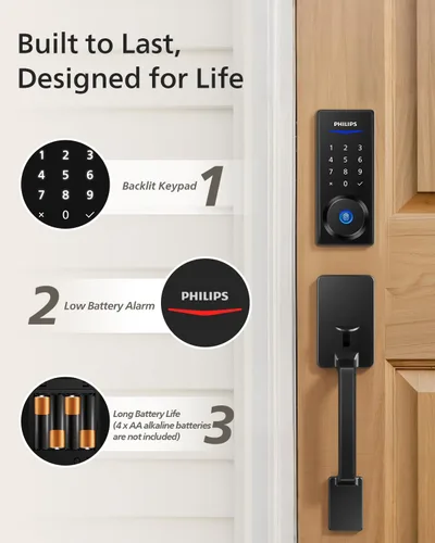 Miniatura 8 de Philips Cerradura inteligente Wi-Fi con asa, cerradura de puerta con teclado de entrada sin llave con asa, juego de cerrojos para puerta delantera