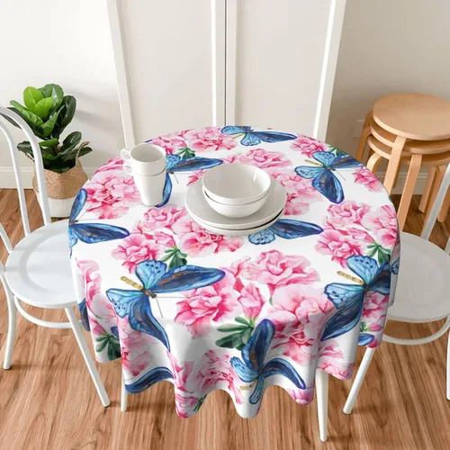 Miniatura 3 de Gianlaima Mantel redondo de primavera con diseño de mariposa azul azalea rosa, impermeable, lavable, para el hogar, restaurante, cocina, picnic
