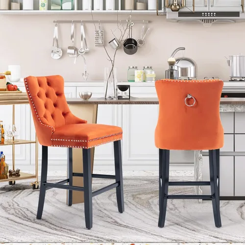 Miniatura 9 de SoarFlash Juego de 2 taburetes de bar tapizados de terciopelo moderno con patas de madera, botones acolchados, cabeza de clavo cromada, asiento