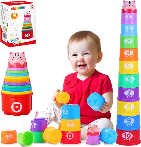 MOONTOY Tazas Apilables Juguetes para Bebés 6 10 12 18 Meses, Juguetes Montessori para Niños de 1 Año Juguete de Aprendizaje con Números, Formas y