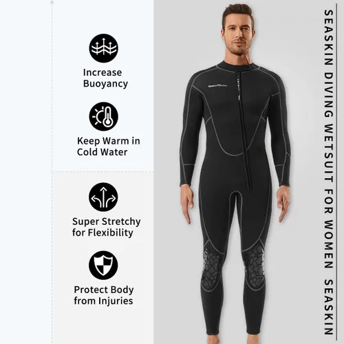 Miniatura 2 de Seaskin Traje de neopreno corto de 3mm para hombre y mujer, traje de buceo de cuerpo completo con cremallera frontal para buceo, esnórquel, kayak