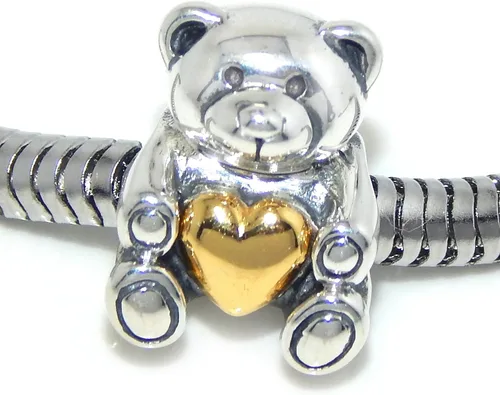 Miniatura 3 de Abalorio de plata de ley 925, diseño de oso de peluche con corazón dorado 327