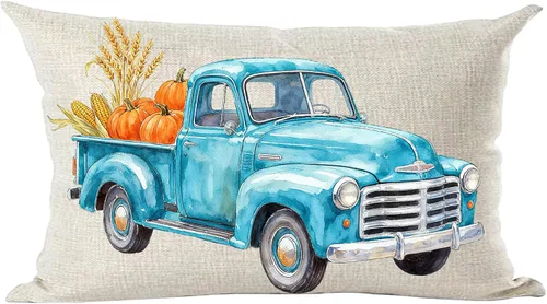 Ramirar Fall Y'all - Funda decorativa de cojín lumbar decorativa de acuarela de otoño color azul retro, calabaza, naranja, funda de almohada para el