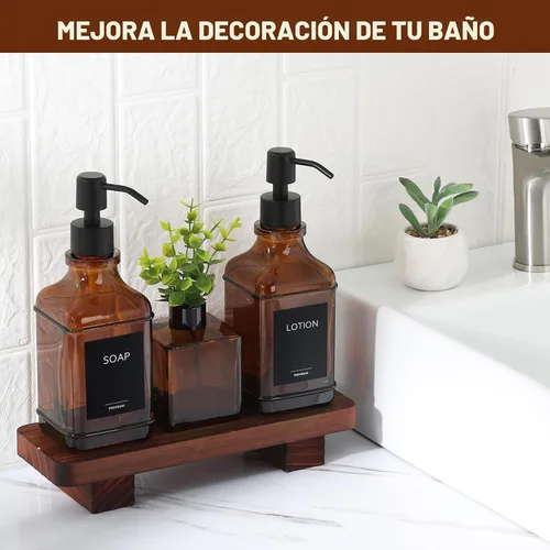 Miniatura 7 de Juego moderno de dispensador de jabón de cocina con bandeja de madera, dispensadores de jabón de vidrio ámbar con bomba, juego de dispensador