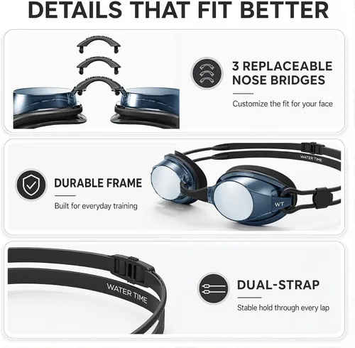 Miniatura 5 de Gafas de natación unisex Swipe para hombres y mujeres, antivaho, tecnología UV, correa doble, sin fugas, gafas de natación Negro y azul