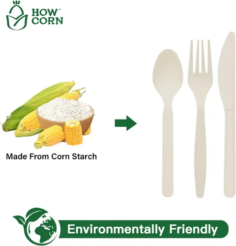 Miniatura 2 de Juego de cubiertos biodegradables de maíz, paquete de 120 cubiertos desechables, plástico de almidón de maíz compostable resistente para el hogar