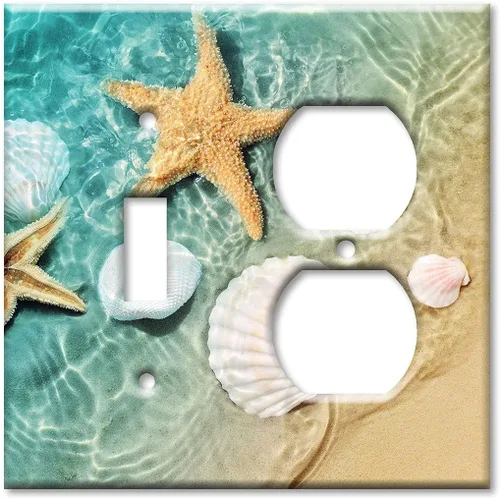 Miniatura 7 de Art Plates - Cubierta de placa de interruptor de luz de metal de 2 bandas - Placa de pared decorativa de dos bandas - Conchas de mar y peces