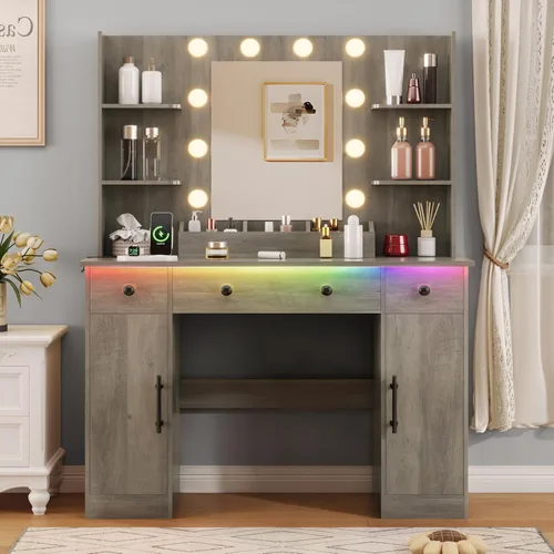 HUANLEGO Escritorio de tocador con espejo y luces, tocador de maquillaje con espejo y luces LED y toma de corriente, 3 cajones y armarios, 3 modos