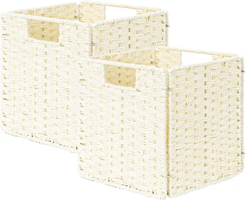 Miniatura 11 de StorageWorks Cestas de mimbre de 11 pulgadas, cubos de almacenamiento tejidos a mano con asas, cesta plegable de cuerda de papel para organizar