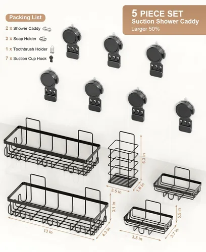 Miniatura 2 de JOTPE Estante de ducha con ventosa, paquete de 5 unidades, sin taladrar y con ventosa extraíble para baño con gran capacidad, potente organizador
