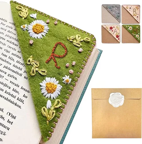 Miniatura 50 de Marcapáginas de esquina bordado a mano personalizado, 26 letras con costura a mano de fieltro, marcapáginas de esquina con bordado de flores lindo