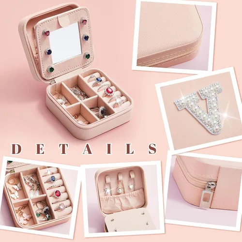 Miniatura 4 de Joyero de viaje con inicial, mini organizador de joyas rosa con espejo, anillo de viaje, aretes, soporte de joyería para mujeres, niñas, mamá