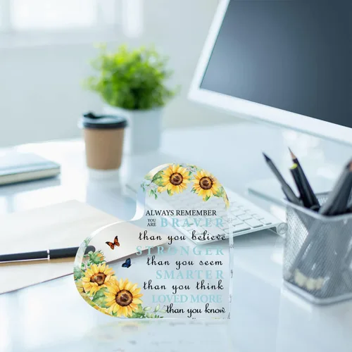 Miniatura 4 de HELORAY Decoración de oficina de acrílico con girasol, letrero decorativo cuadrado amarillo rústico mediano, cita inspiradora, mesa, 5.9 x 5.9
