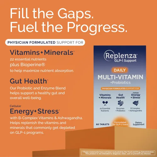 Miniatura 7 de Replenza Daily GLP-1 Suplemento de apoyo nutricional, vitaminas y minerales esenciales, apoyo para la salud intestinal, el estrés y la energía