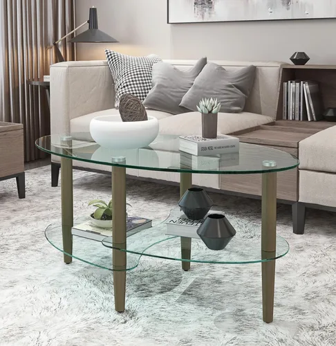 Miniatura 4 de Mesa de centro de vidrio ovalada, mesa de té de vidrio templado de 3 niveles, moderna mesa auxiliar de vidrio ovalada, mesa de vidrio de 3 capas