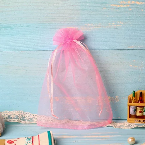 Miniatura 6 de Bolsa de regalo de organza de 5 x 7 pulgadas con cordón para joyas, dulces, juego de 50 bolsitas rosas, bolsas transparentes reutilizables de malla