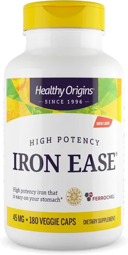 Healthy Origins Iron Ease 45 mg, 180 cápsulas vegetales – Albion Ferrochel Ferrochel Ferroso Bisglicinato Quelato – Suave, no vinculante y