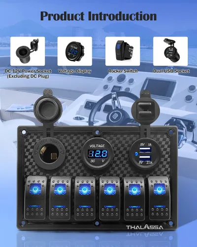 Miniatura 5 de Panel de interruptor basculante impermeable de 6 posiciones con pantalla digital LED azul, voltímetro, doble puerto de carga USB de 5 V, toma