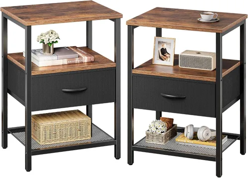 Miniatura 12 de Huuger Mesita de noche con cajón de tela, mesa auxiliar con estante de malla, mesita de noche para dormitorio, cómoda de cajones de tela, estante
