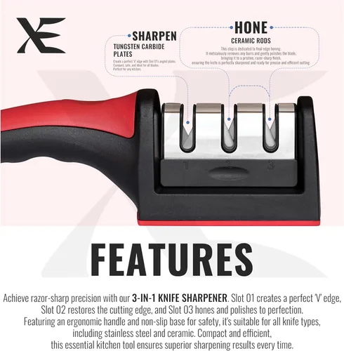 Miniatura 3 de XE - Afilador de cuchillos de cocina – Afiladores de cuchillos manuales de 3 etapas para afilar cuchillos para el hogar y el restaurante, piedra