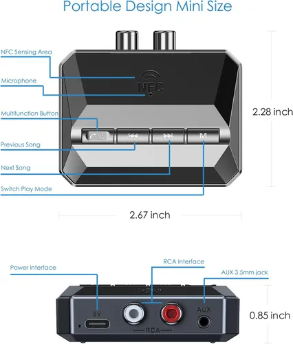 Miniatura 9 de KAIY Receptor Bluetooth para estéreo doméstico con NFC, receptores de audio inalámbricos y adaptadores con RCA y AUX de 0.138 in, adaptador
