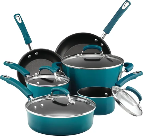 Rachael Ray Brights - Juego de ollas y sartenes antiadherentes, 10 unidades, color azul marino