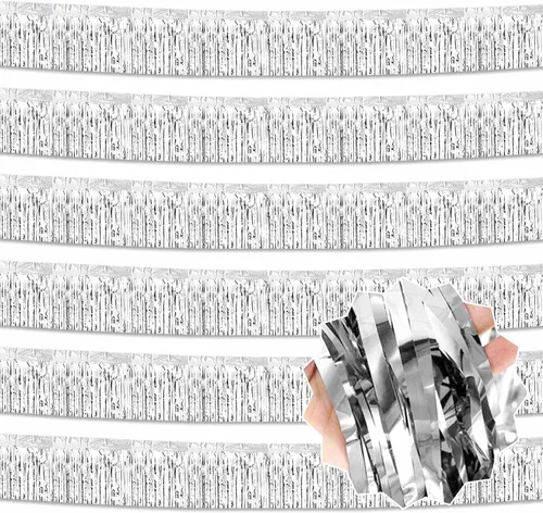 Miniatura 24 de Paquete de 6 guirnaldas de flecos de papel de aluminio negro de 10 pies con serpentinas metálicas de oropel para colgar en la pared, guirnalda