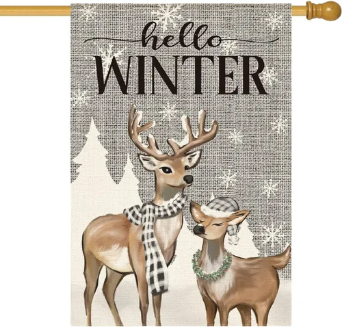 AVOIN colorlife Bandera de Casa Hello Winter Reno Copo de Nieve 28x40 Pulgadas Doble Cara, Bandera Decorativa de Patio Exterior Rústica de Temporada