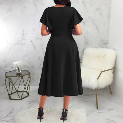 Miniatura 8 de shengfan Vestido largo de verano de manga corta para mujer, estilo casual, cuello en V profundo, vestido largo acampanado para fiesta de club
