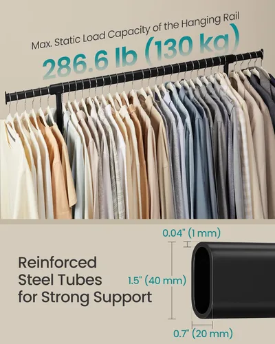 Miniatura 3 de SONGMICS Perchero con ruedas, estante de ropa resistente con varilla colgante extensible, capacidad de carga de 286.6 lb, 17.7 x (43.3-59.1) x 64.1