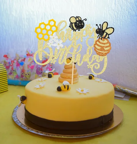 Miniatura 5 de Gyufise 1 Pieza Decoración para Pastel Abeja Feliz Cumpleaños Flor Panal Brillantina Feliz Día de Abeja Decoraciones de Pastel para Tema de Miel
