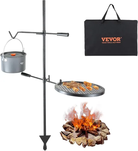 VEVOR Parrilla giratoria para fogata, parrilla para hoyo de fuego con rejilla sobre hoyos de fuego, rejillas de parrilla de acero resistentes,
