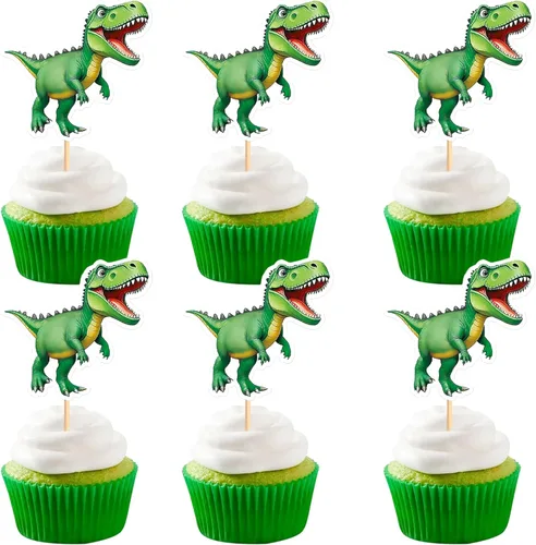 Miniatura 17 de Ercadio Paquete de 32 adornos para cupcakes de dinosaurios de dibujos animados, lindos dinosaurios para bebé, temática de dinosaurio, baby shower
