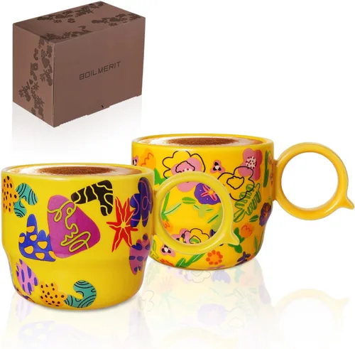 Juego de 2 Tazas de Espresso Mini de Cerámica – 3 oz Tazas de Café Espresso Dobles con Asa en Q, Patrón Floral y de Frutas Amarillo, Pequeñas Tazas