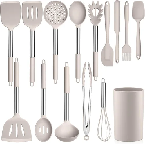 LIANYU Juego de 15 utensilios de cocina con soporte, herramientas de cocina de silicona con mango de acero inoxidable, utensilios resistentes al