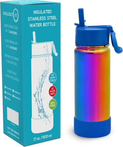 Miniatura 41 de CHILLOUT LIFE - Botella de agua aislada de 17 onzas con tapa con pajilla para niños, a prueba de fugas y bonitas calcomanías impermeables, termo