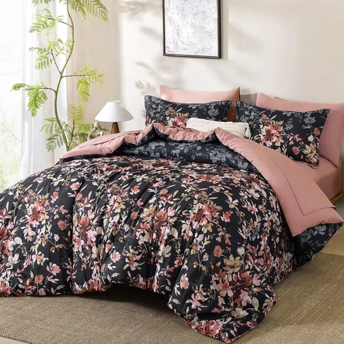 Miniatura 2 de Juego de edredón tamaño Queen, 7 piezas, juego de edredón floral negro y rosa, juego de ropa de cama en una bolsa tamaño Queen con patrón de flores